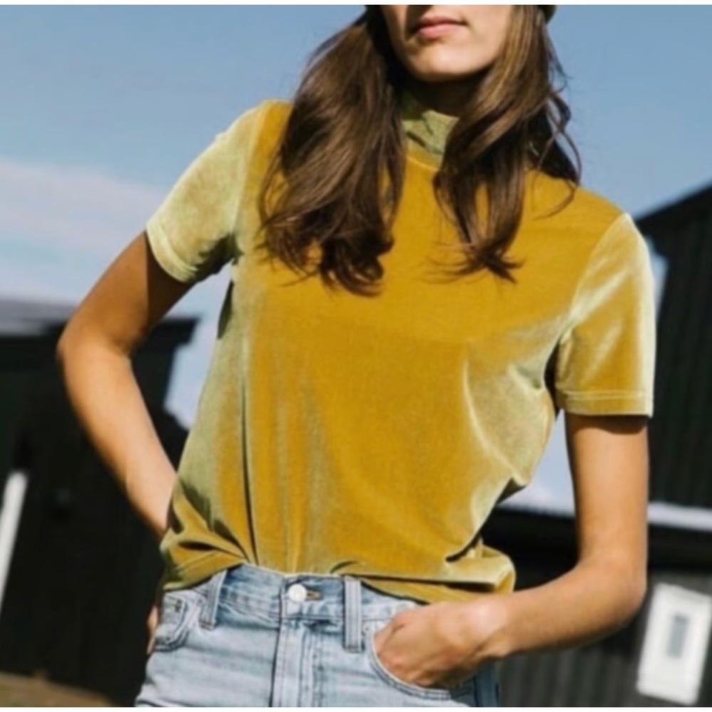 Madewell Velvet Mockneck Tee Mustard Gold 70s-Inspired Retro Luxe Large